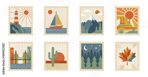 Minimalist Geometric Nature Landscapes Postage Stamp Collection for Travel Stationery and Scrapbooking Assets