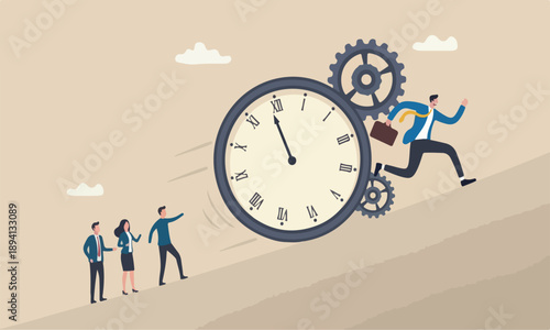 Run out, , teams countdown or time management concept, tried businessman running away from falling rolling huge clock down hill 