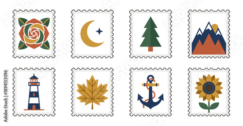 Flat Geometric Nature Icons Vintage Postage Stamp Collection for Scrapbooking and Travel Stationery Set