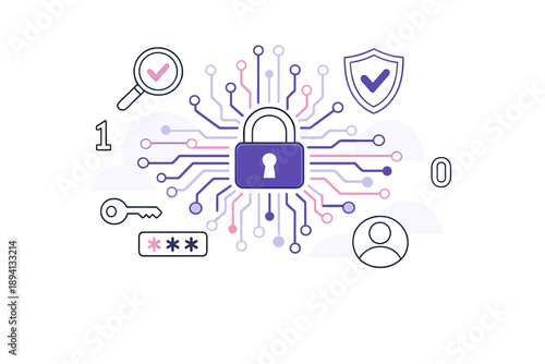 Image Generation. Digital lock and encryption symbols. Central abstract lock radiating encrypted lines into