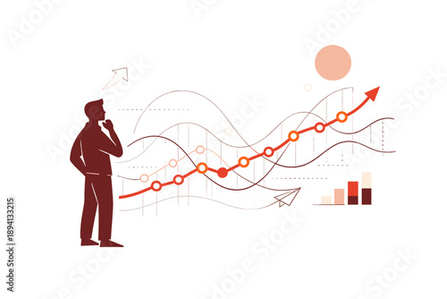 Image Generation. Abstract graph lines representing market movement. Human silhouette observing flowing chart