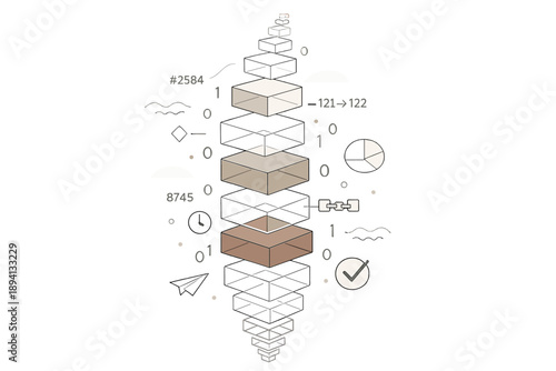 Image Generation. Blockchain ledger represented as layered blocks. Wide vertical chain of blocks fading into