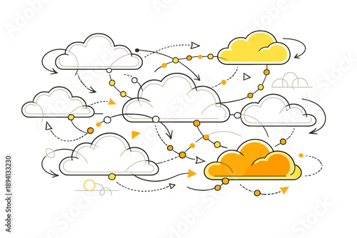 Image Generation. Abstract clouds representing decentralized networks. Multiple clouds arranged like a network