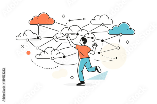 Image Generation. Abstract clouds representing decentralized networks. Human silhouette interacting with