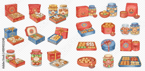 Watercolor illustration set of Indian sweets and gift boxes for Diwali celebration.