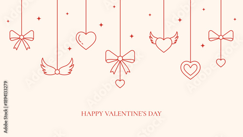 Valentine's day horizontal banner, red line art hanging hearts with wings and bows on ivory background, romantic ornaments, vector illustration with copy space.