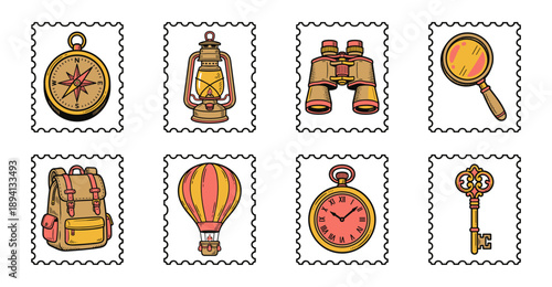 Vintage Hand Drawn Adventure Equipment Postage Stamp Set for Retro Travel Journaling