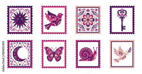 Bohemian Folk Art Folkloric Symbol Postage Stamp Collection for Scandi Stationery and Paper Crafting