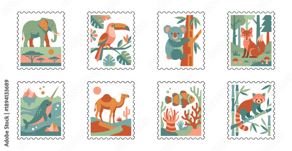 Fototapeta premium Minimalist Geometric Wildlife Postage Stamp Collection for Global Biodiversity Awareness and Stationery Design