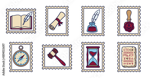 Vintage Academic and Nautical Ephemera Postage Stamp Collection for Scalloped Border Stationery Design