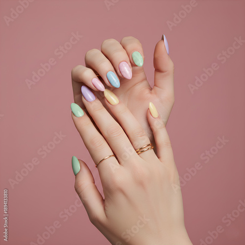 Wallpaper Mural Close-up of a woman's well-manicured hands with a multi-colored pastel manicure, featuring almond-shaped nails in mint green, lavender, light blue, and pink, against a soft pink studio background Torontodigital.ca