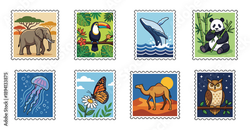 Flat Vector Wildlife and Habitat Miniature Postage Stamp Collection for Tropical and Safari Scenery Design