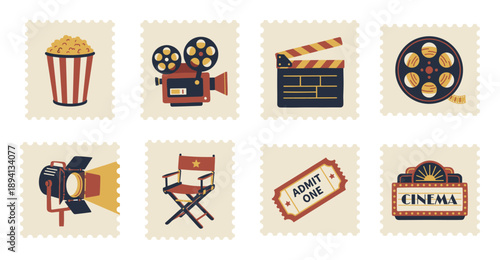 Flat Retro Cinema Graphic Postage Stamp Collection for Movie Theater Branding and Film Scrapbooking