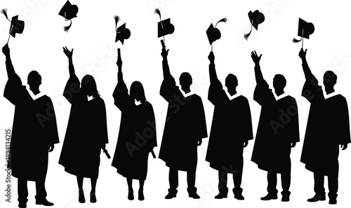 Silhouette of diverse group of students in graduation gowns throwing caps in air celebrating university success ceremony on white background.