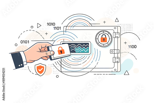 Secure Digital Vault Access. Encrypted storage drives and vault imagery. Hand sliding a minimal drive into a