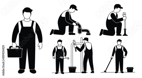 Plumber silhouettes, male plumber vector illustrations