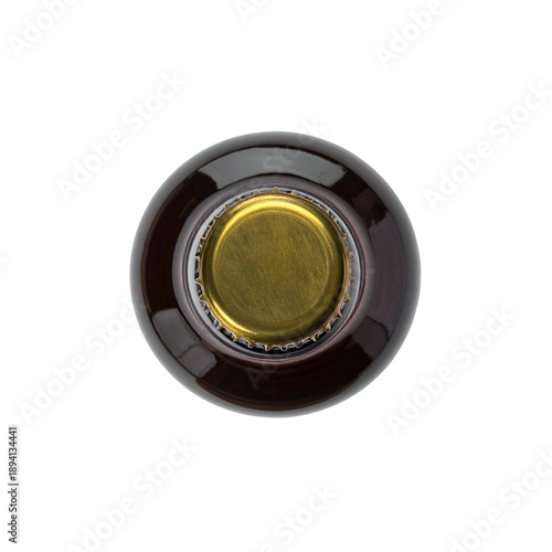 Top-down view of a dark brown bottle with a gold cap, isolated on black