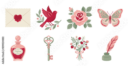 Vintage Romantic Ephemera Botanical Asset Sheet for Valentine Stationery and Scrapbooking Designs