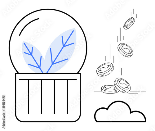 Environmental sustainability, financial management, eco-friendly investments, green energy, economic growth, nature preservation. Plant inside a globe with falling coins. Environmental sustainability