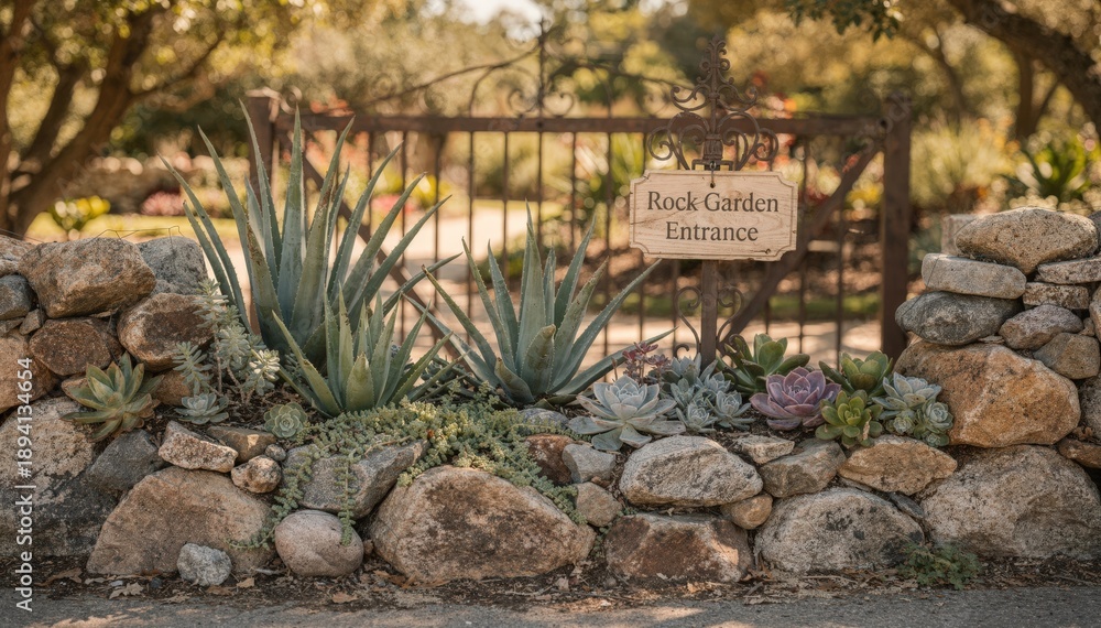 Obraz premium Focus on a rock garden border framing an entrance gate showcasing contrasting succulents and decorative signage with softfocus surroundings for depth.