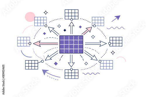 Image Generation. Abstract grids symbolizing decentralization. Central grid hub branching into many equal