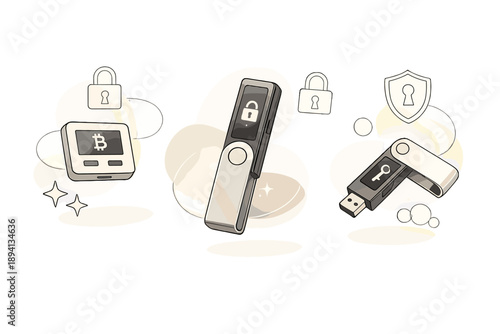 Image Generation. Cold wallet devices on neutral backgrounds. Minimal hardware wallets floating gently, soft