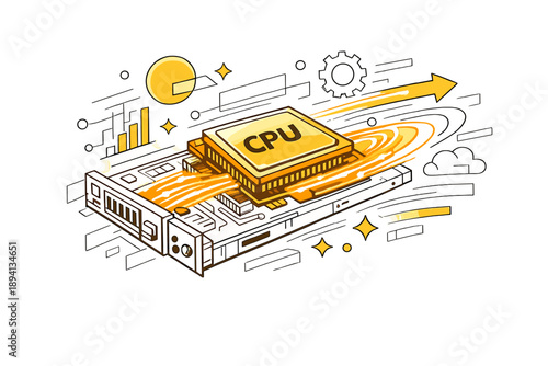 Image Generation. Server blades and processors in close-up. Extreme close-up of a processor chip seated in a