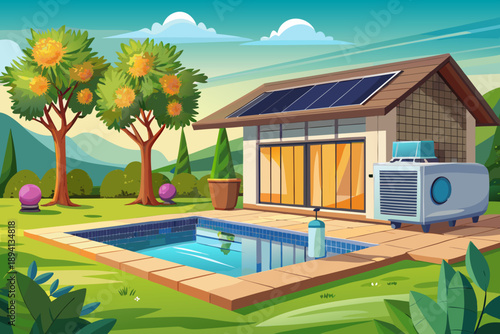 Air heat pump installed near pool house outdoors modern energy efficient climate system in residential garden setting sustainable home technology
