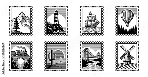 Linocut Style Vintage Landscape Postage Stamp Collection for Travel Stationery and Scrapbooking