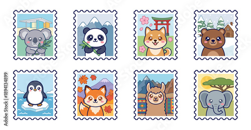 Kawaii Style Cute Animal Wildlife Postage Stamp Collection for Global Travel and Scandi Scrapbooking