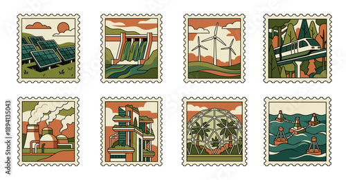 Retro Flat Line Art Renewable Energy and Sustainable Urbanism Postage Stamp Collection for Eco Friendly Concepts
