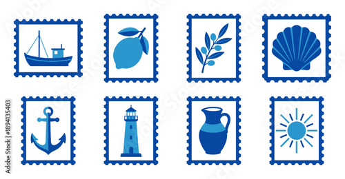 Minimalist Blue Mediterranean Nautical and Botanical Postage Stamp Set for Summer Scrapbooking and Branding