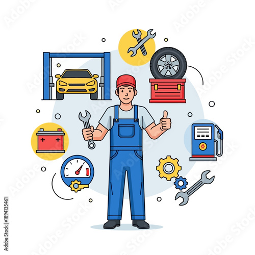 Auto Mechanic Standing With Car Repair Tools and Equipment Around Him
