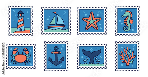 Minimalist Flat Line Art Nautical Postage Stamp Collection for Summer Travel and Marine Exploration Projects