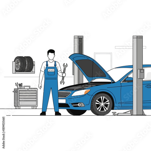 Auto Mechanic Working on Blue Car with Open Hood in Garage