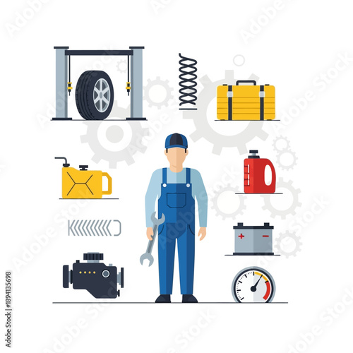 Car Mechanic with Tools and Auto Parts - Flat Design Vector Illustration