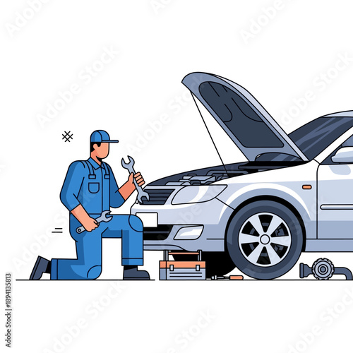 Mechanic repairing car engine with tools, auto service and maintenance concept, flat design