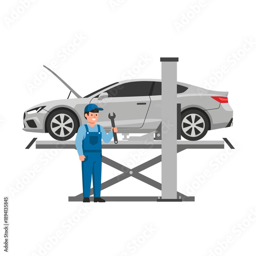 Auto mechanic working on car lifted on hydraulic platform, vehicle repair service