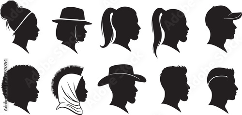 Various silhouettes of people with different hairstyles and headwear