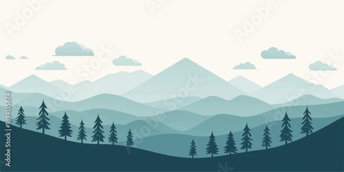 Snowy mountain landscape with pine trees, cloudy sky, and a peaceful alpine valley in winter