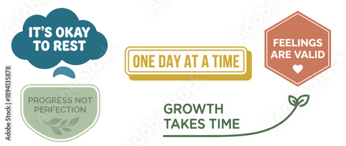 Positive affirmations and motivational quotes for mental wellness self care and personal growth featuring text in speech bubbles