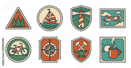 Retro Adventure Aesthetic Perforated Postage Stamp Collection for Outdoor Travel and Crafting Projects