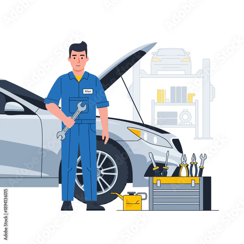 Auto mechanic in uniform holding wrench next to car with open hood and toolbox