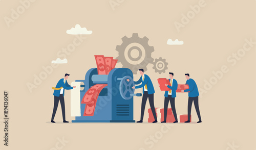 Printing money, quantitative easing policy by countries central team bank or FED, federal stimulate concept, businessman bank rolling money to print money red banknotes