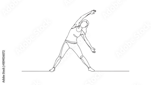 Woman doing a side bend exercise, demonstrating flexibility and a healthy lifestyle with minimalist line art