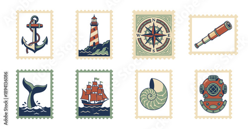 Vintage Nautical Illustration Postage Stamp Collection for Maritime Branding and Ocean Travel Scrapyard Aesthetic