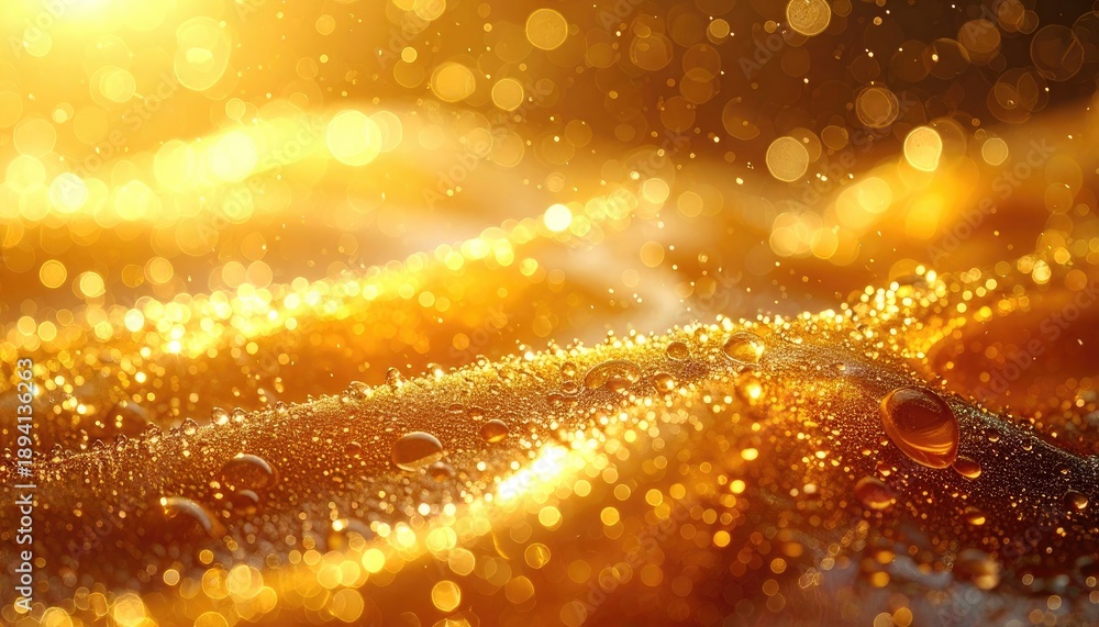 Naklejka premium Abstract close-up of golden liquid droplets glistening under brilliant, warm light bokeh.