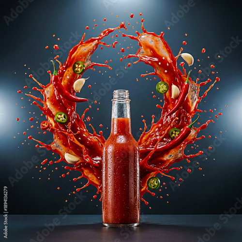 Glass bottle of red hot sauce with chili peppers and garlic splashing around it