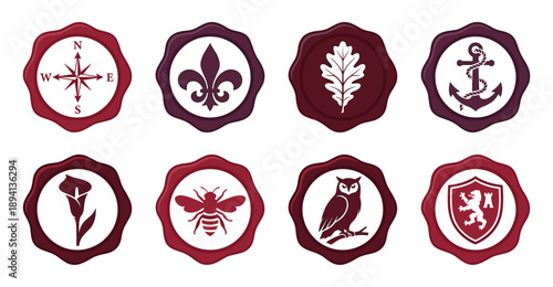 Vintage Heraldic Wax Seal Collection with Nautical and Botanical Icons for Wedding Stationery and Branding