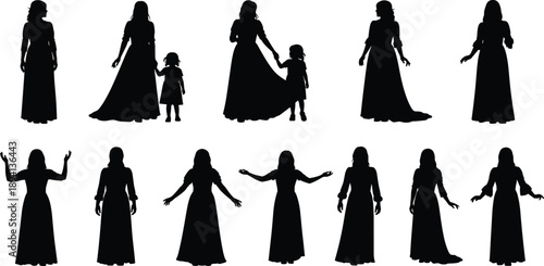 Silhouette set of diverse families including same sex parents, single mothers, couples with strollers, and women in long flowing dresses.